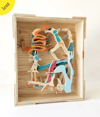 Wildfire, wood assemblage in wooden crate, Ernst Koslitsch