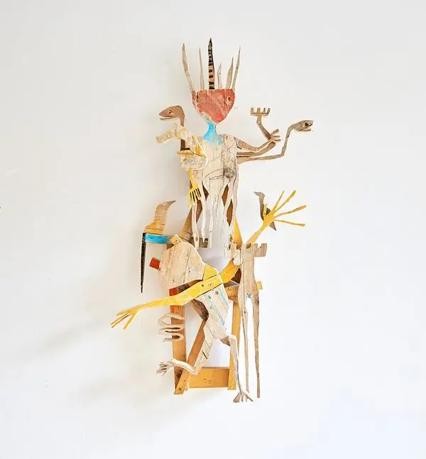 Come with me if you want to live, wood sculpture, found wood, screws and paint