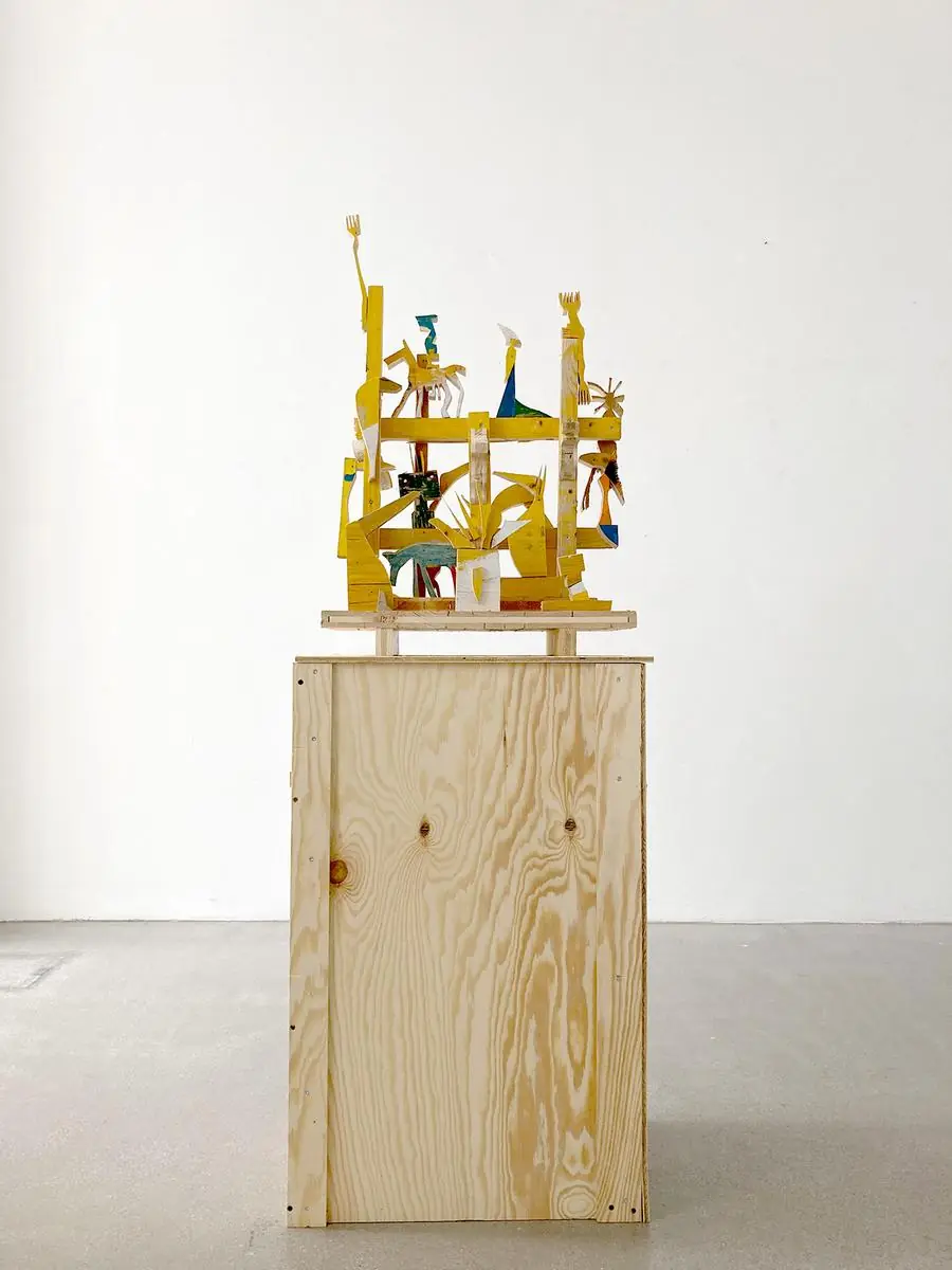 Sculpture on wooden crate plinth, Spark Art Fair booth