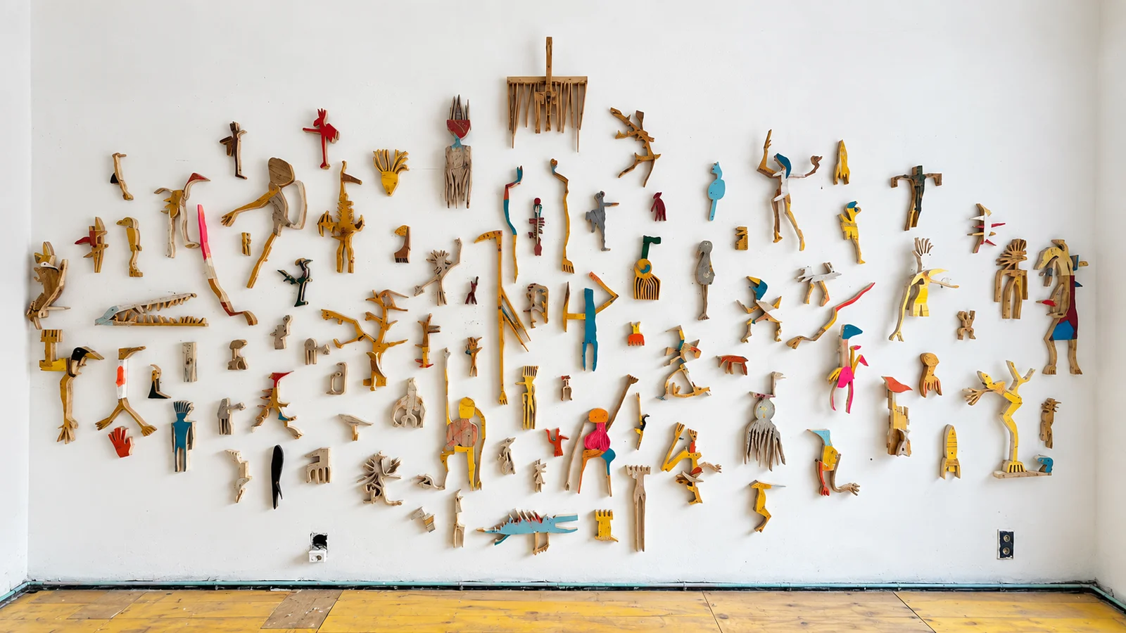 Wide wall installation of small painted wood cutout figures in the studio, Ernst Koslitsch