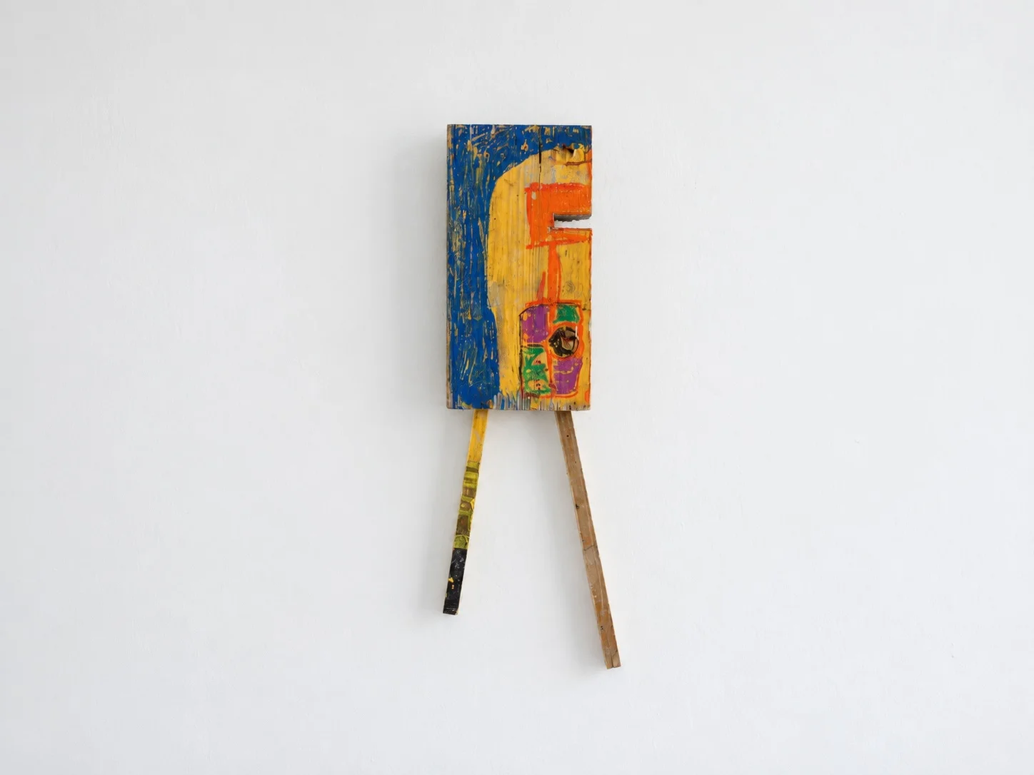 Painted wood wall panel with two legs, studio view, Ernst Koslitsch