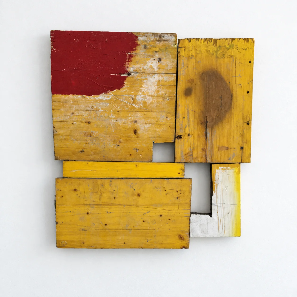 Painted wood panel construction, red and yellow, studio view, Ernst Koslitsch