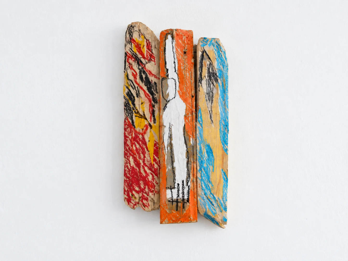 Painted wood panel, red, orange and blue vertical strips, studio view, Ernst Koslitsch