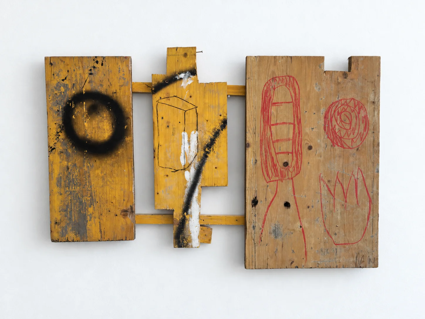 Painted wood panel construction with spray paint marks, studio view, Ernst Koslitsch