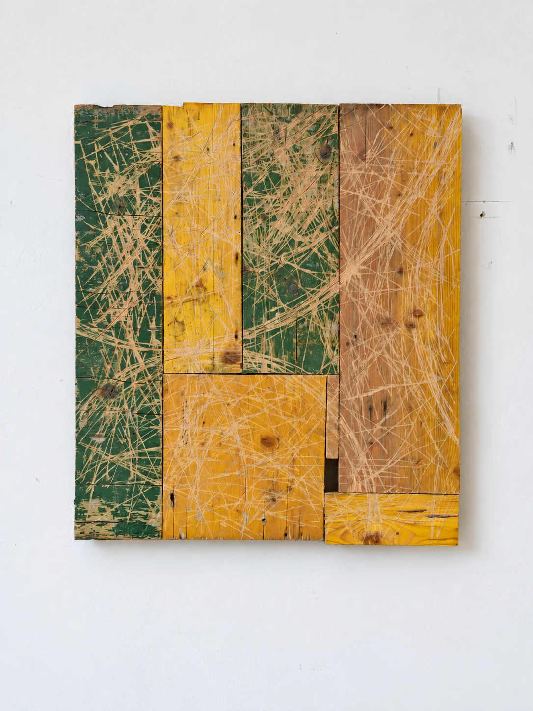 Flatland, green and yellow painted wood panel, studio view, Ernst Koslitsch