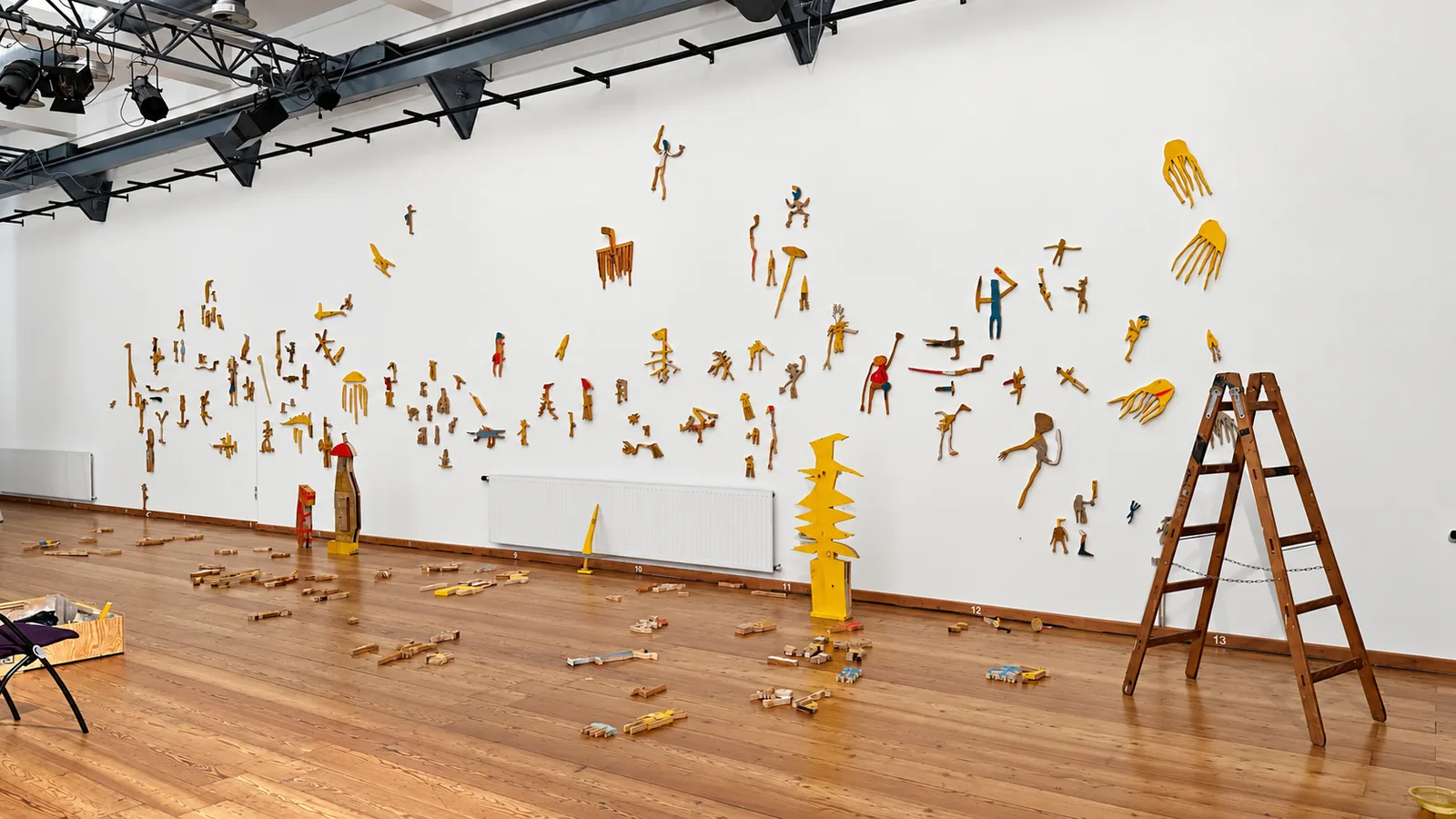 Installation build-up ahead of TRANSFER at Kulturforum Laßnitzhaus, wood sculptures by Ernst Koslitsch being mounted