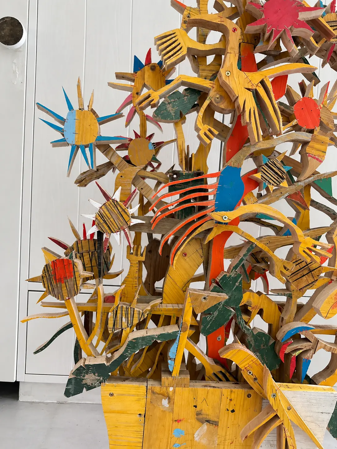 Detail of painted wood bird and blossom silhouettes, Großer gelber Vogelbaum, Ernst Koslitsch
