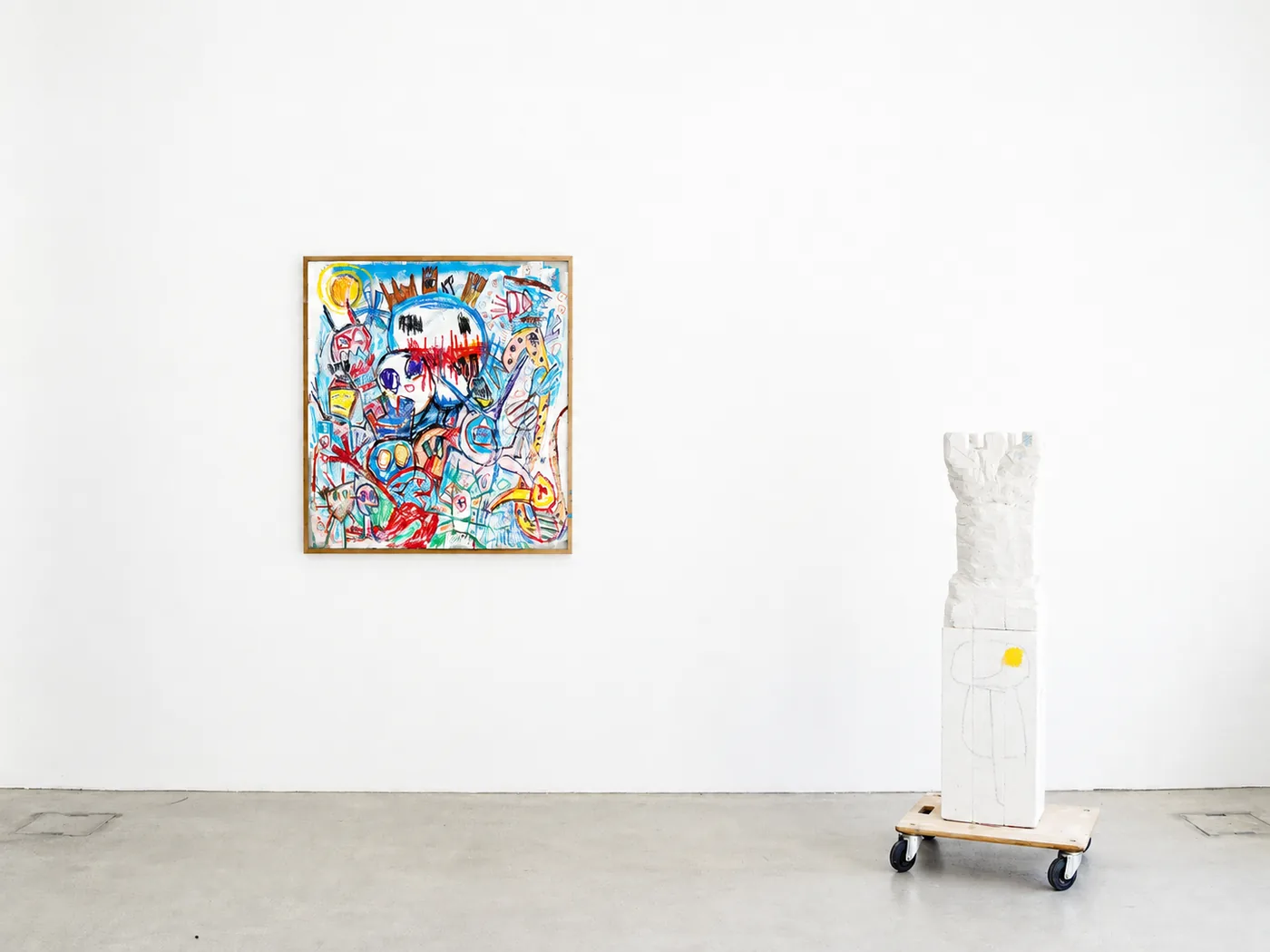 Painting and wheeled white sculpture, We Have to Move the Island, Gallery Raum mit Licht, Vienna, Ernst Koslitsch